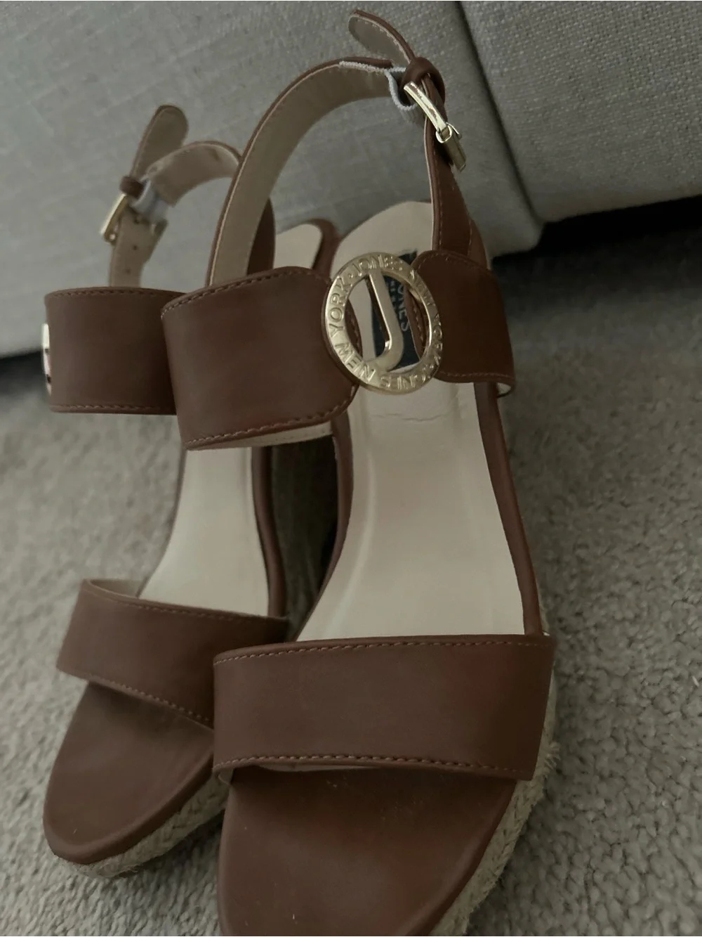 Jones New York Brown Espadrille Wedge Sandals with Logo Buckle